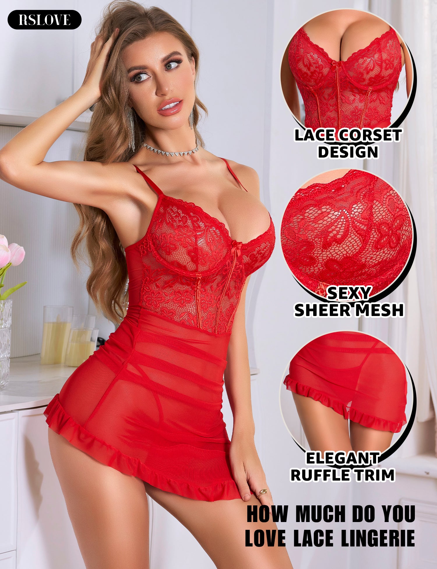 RSLOVE Babydoll Chemise babydoll rosso con perizoma