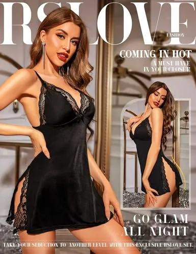 RSLOVE Babydoll Deep V Lace Trim Side Slit babydoll nero taglia S–XXL in pizzo