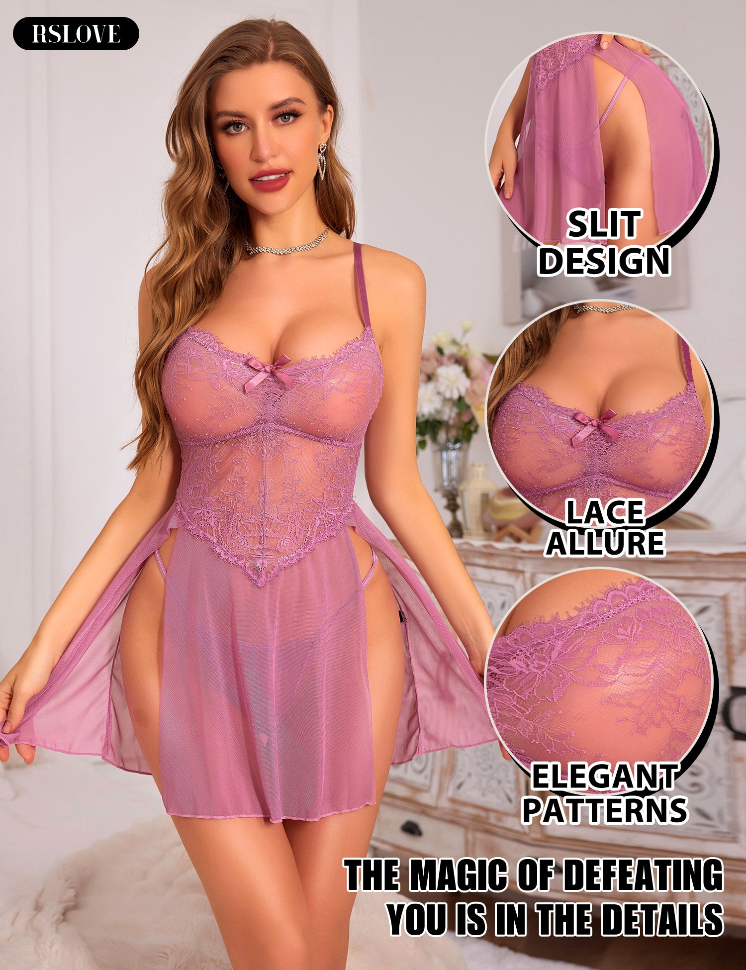 RSLOVE Babydoll Floral Lace nero S-XXL con perizoma