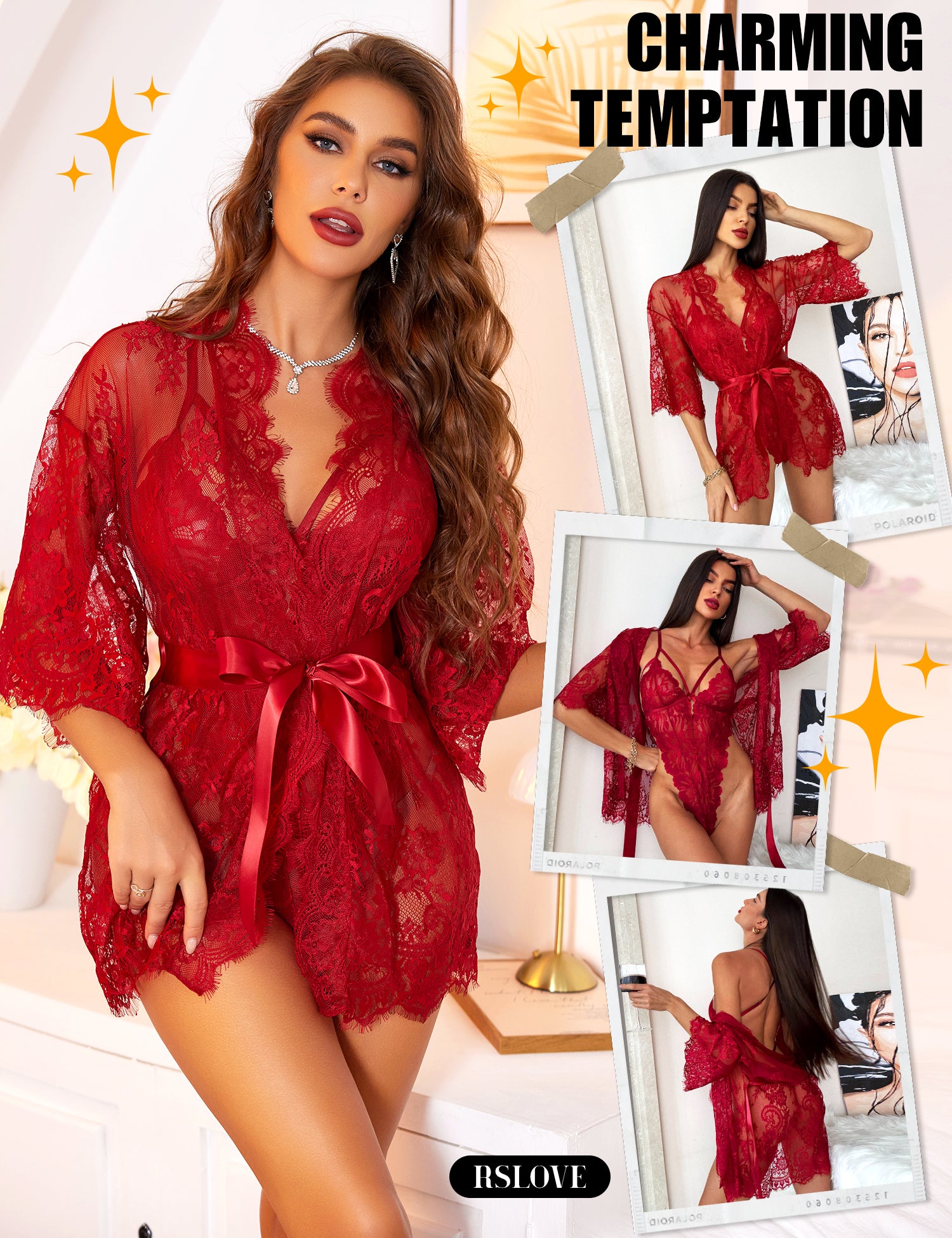 RSLOVE Robe 2 Piece Lace Kimono Robe and Teddy completo lingerie Nero taglie S-XXL in pizzo