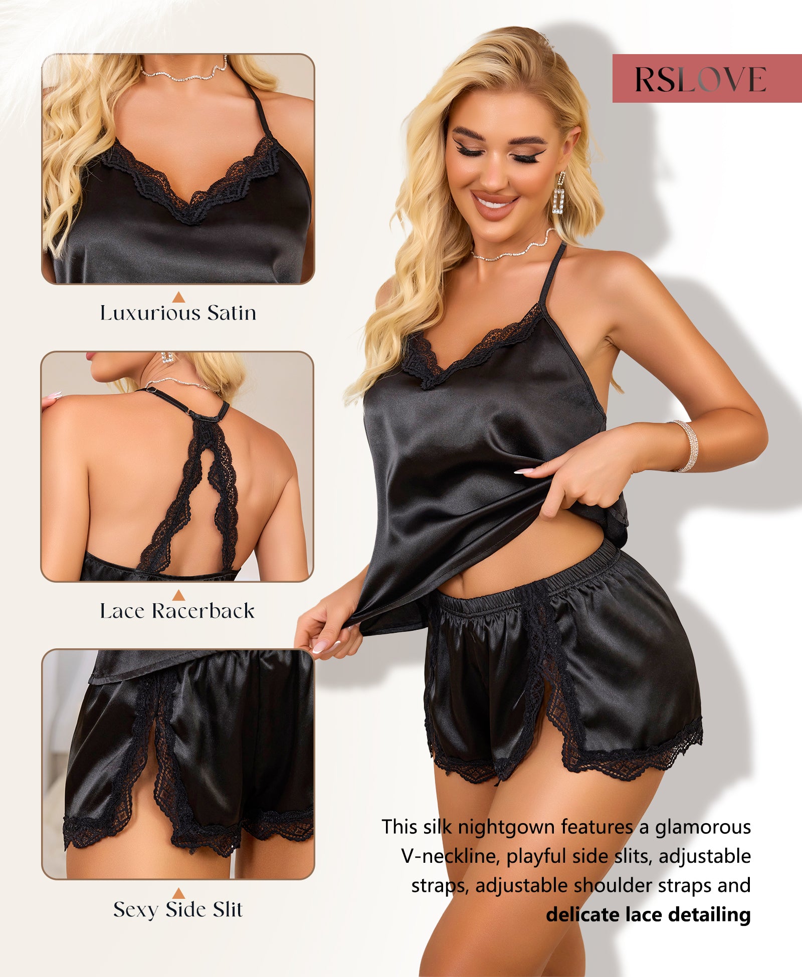 RSLOVE Pajama Set pigiama in raso con pizzo nero