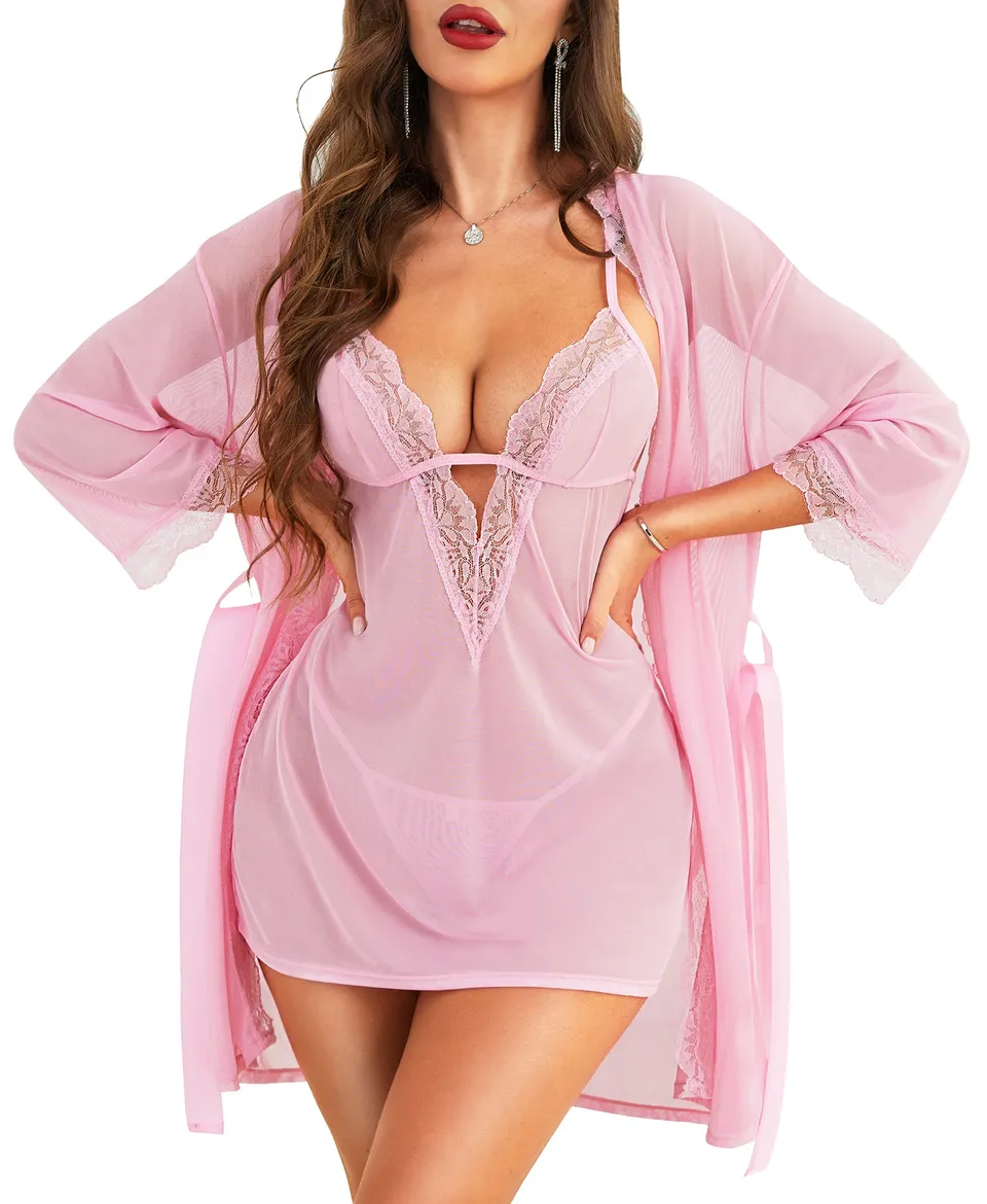 RSLOVE Robe completo babydoll in pizzo e vestaglia in rete nero 3 pezzi