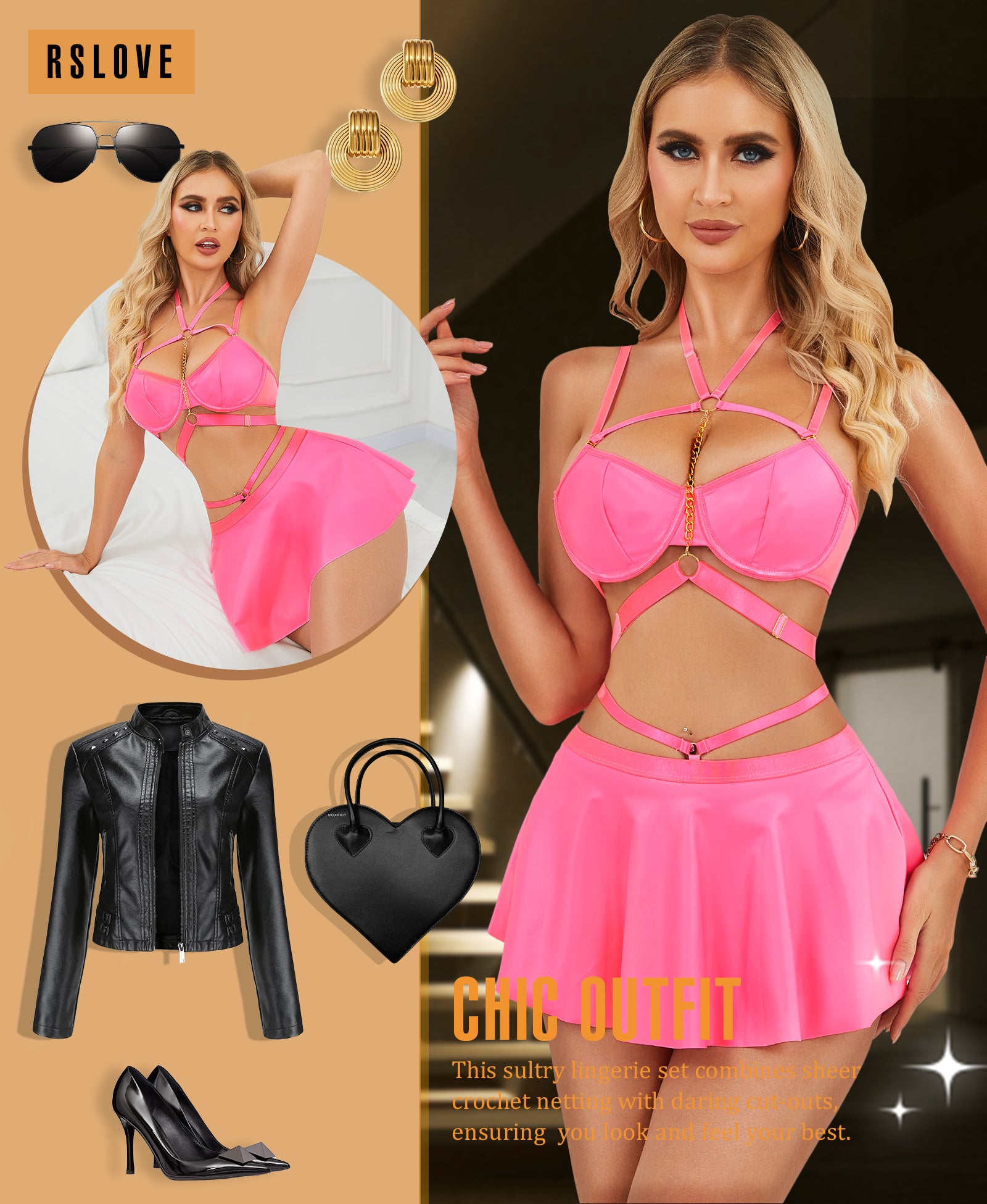 RSLOVE Lingerie Set completo push-up con minigonna nero effetto pelle