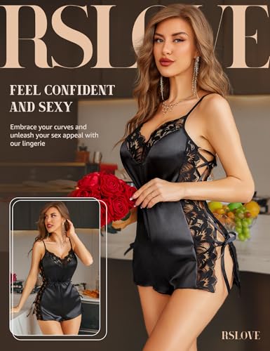 RSLOVE Pajama Set camicia da notte raso nero taglia L con pizzo