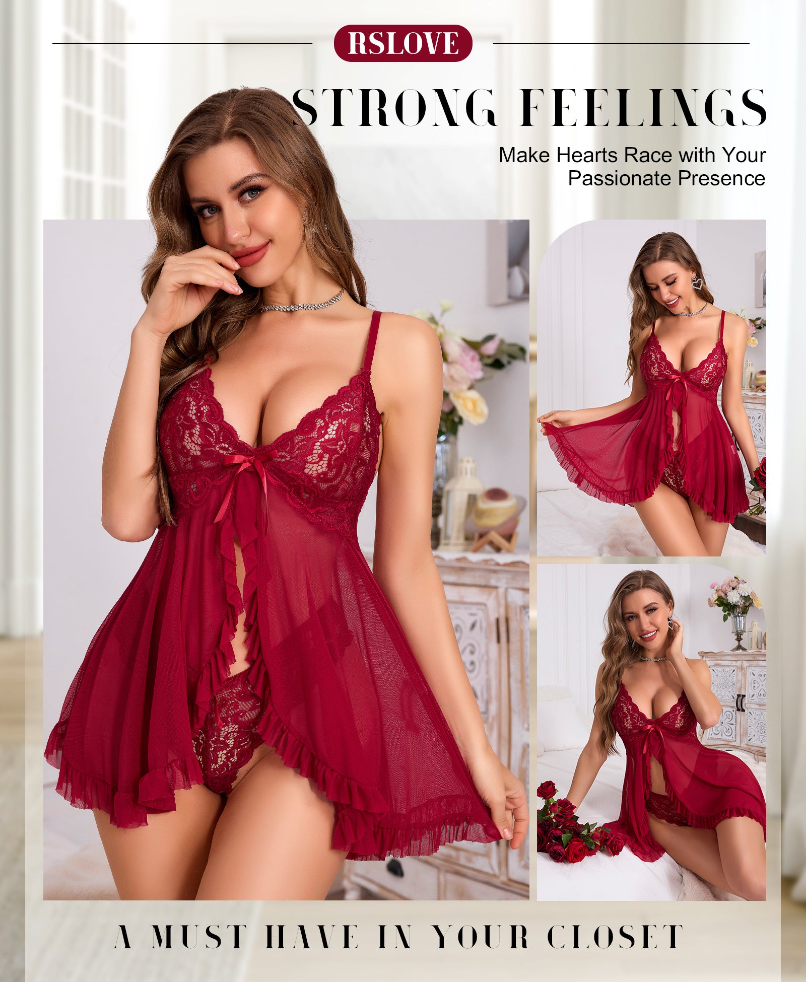 RSLOVE Babydoll Open Front Lace babydoll nero 2 pezzi pizzo