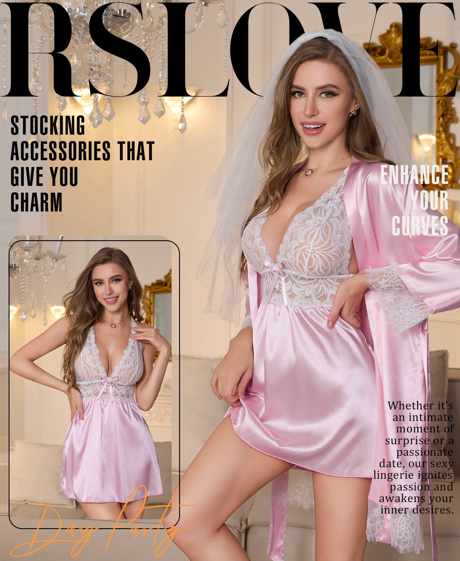 RSLOVE Robe 2 Piece Satin Lace Babydoll nero S-XXL
