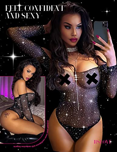 RSLOVE Bodystocking body a rete con strass nero manica lunga