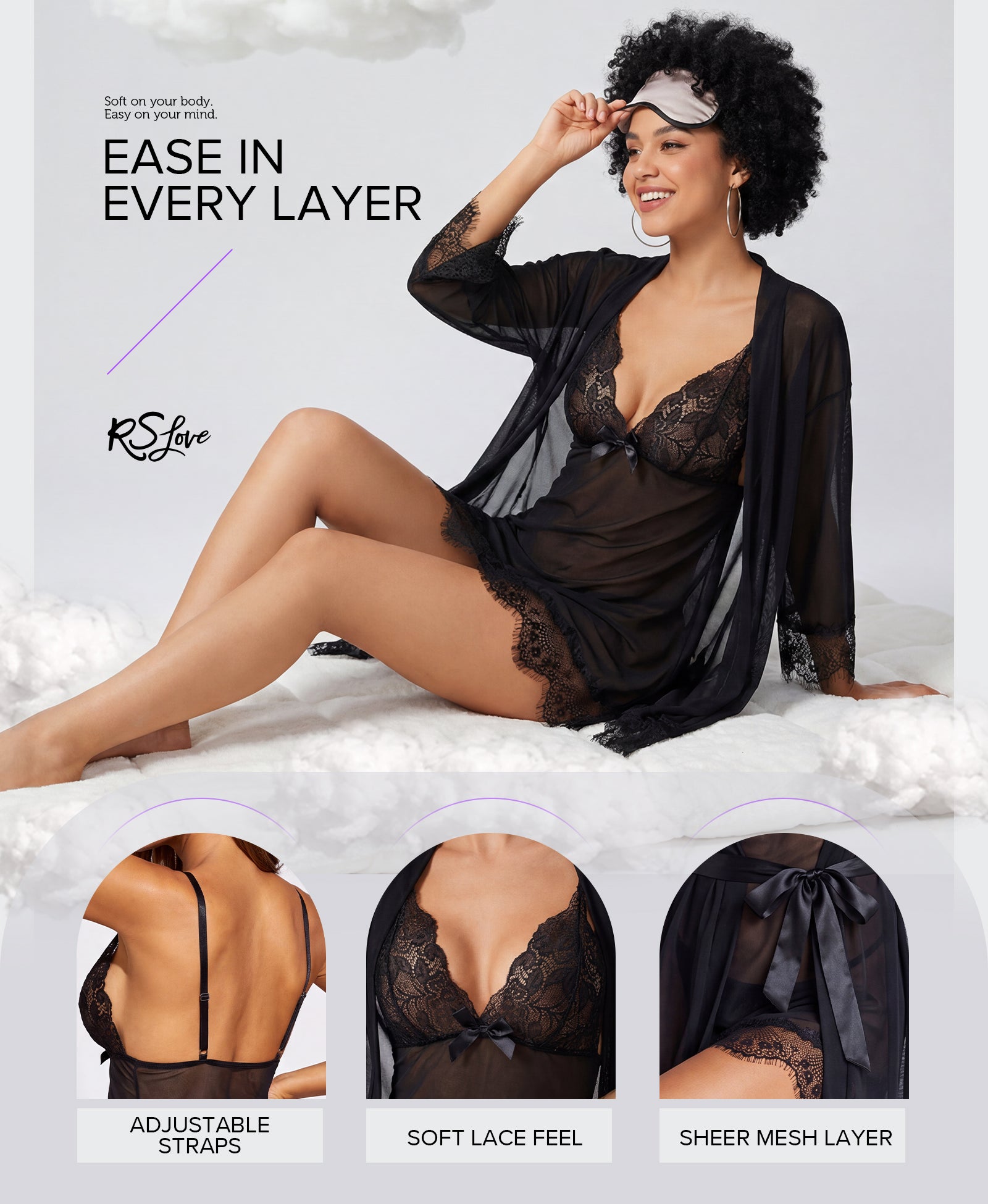 RSLOVE Robe 3 Piece Babydoll Lace Kimono Robe Set completo lingerie Nero taglie S-XXL in pizzo