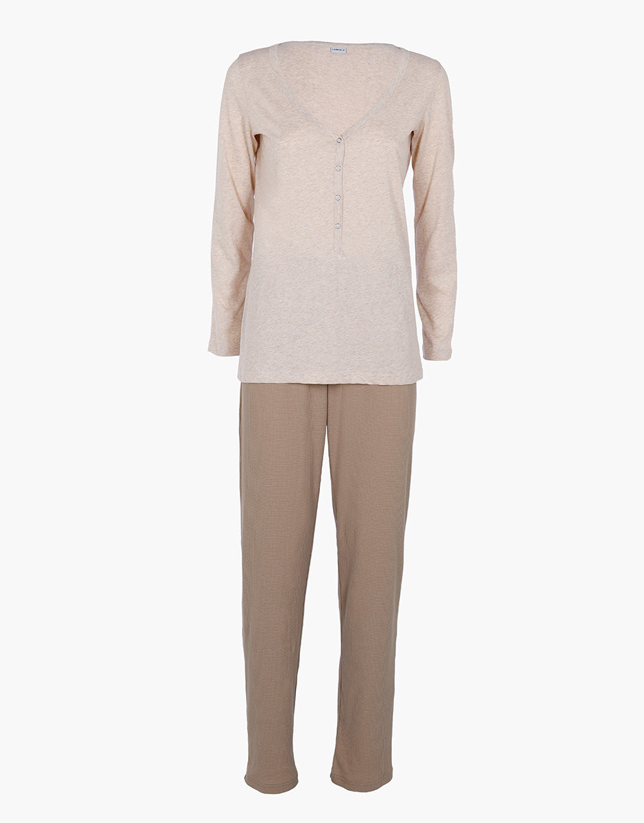 Lovable Basic Soul pigiama lungo serafino cappuccino in cotone jersey e waffle