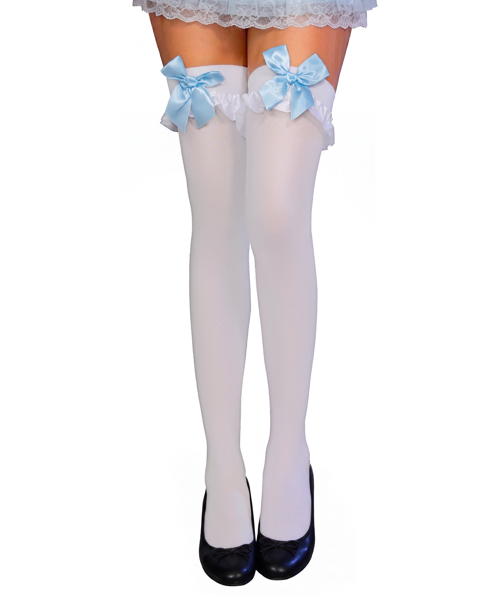 RSLOVE Thigh High Bow Ruffle Trim Opaque calze autoreggenti bianche e nere con fiocco