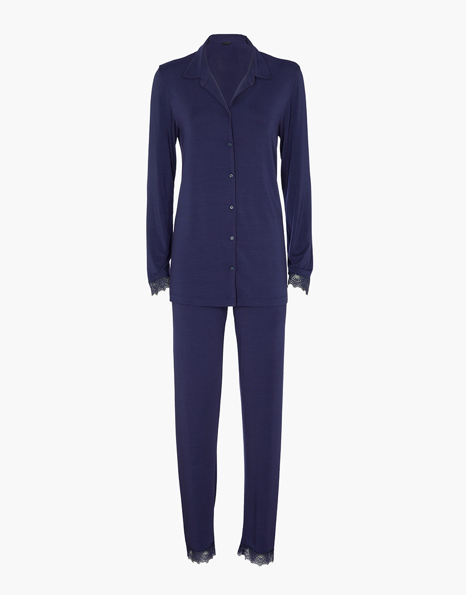 Lovable Basic Soul Elegant Modal pigiama lungo aperto blu notte in modal
