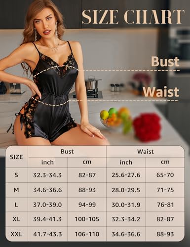 RSLOVE Pajama Set camicia da notte raso nero taglia L con pizzo