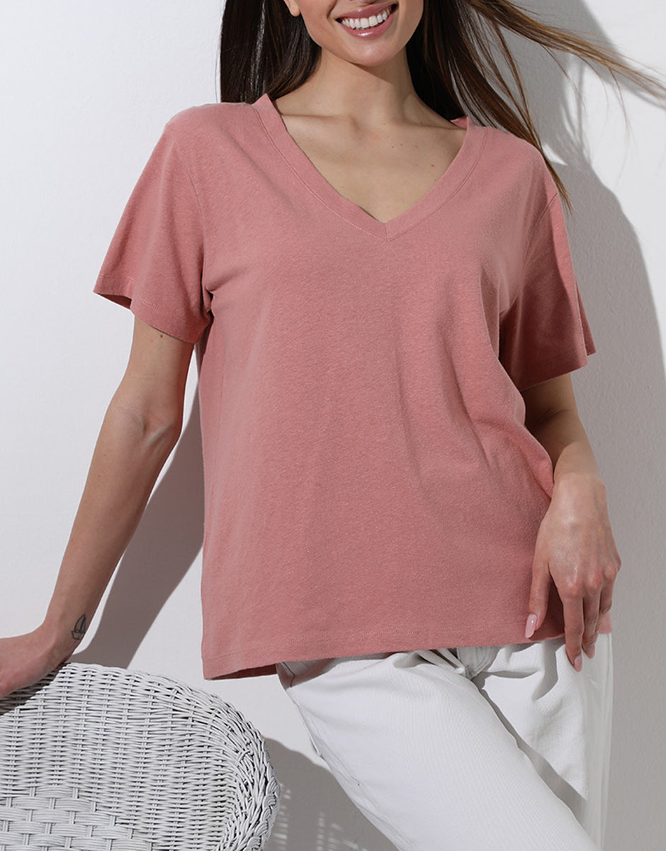 Lovable Basic Soul Maglia manica corta scollo a V rosa polvere 2/S cotone e lino