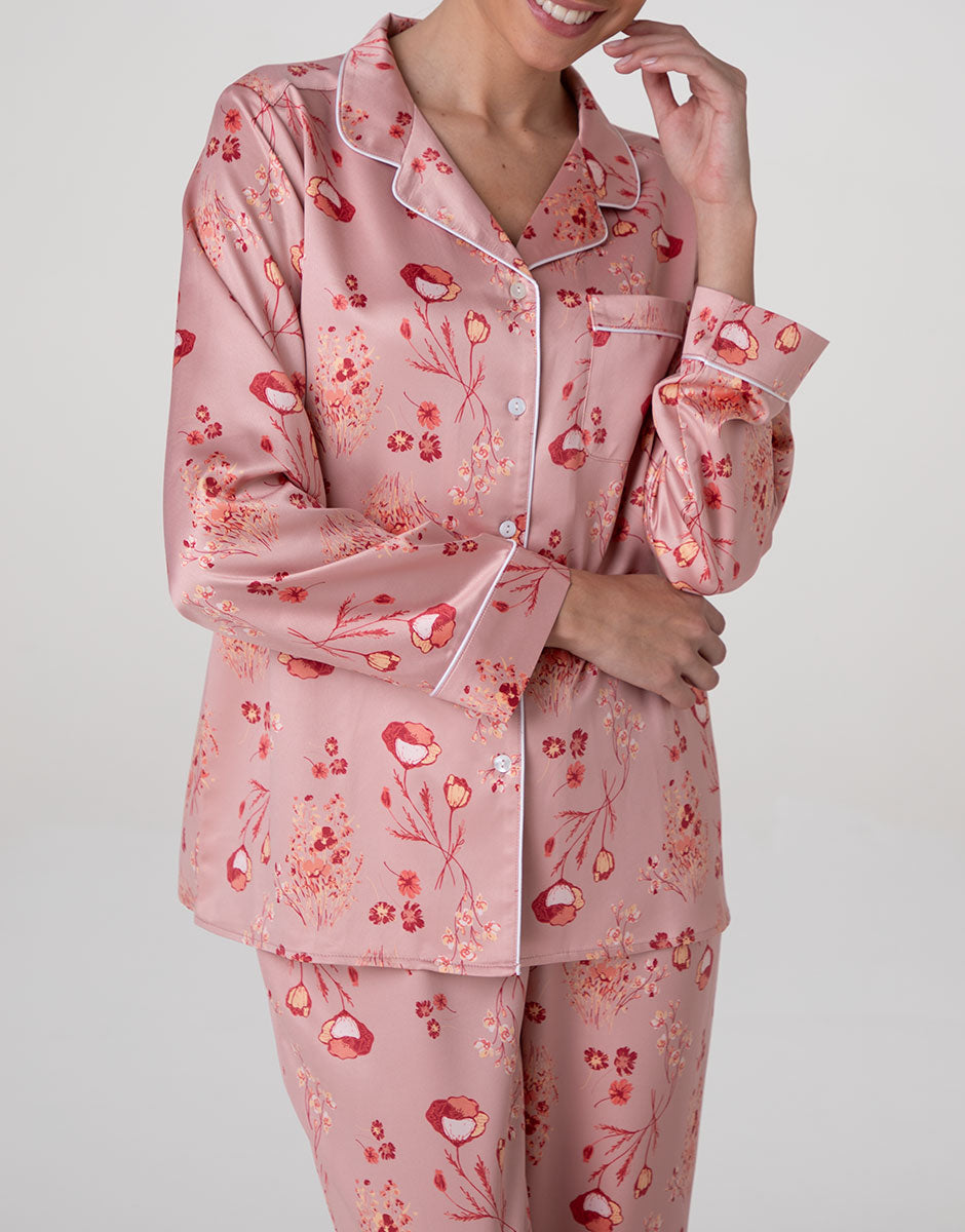 Lovable Basic Soul pigiama lungo aperto satin stampato rosa terracotta