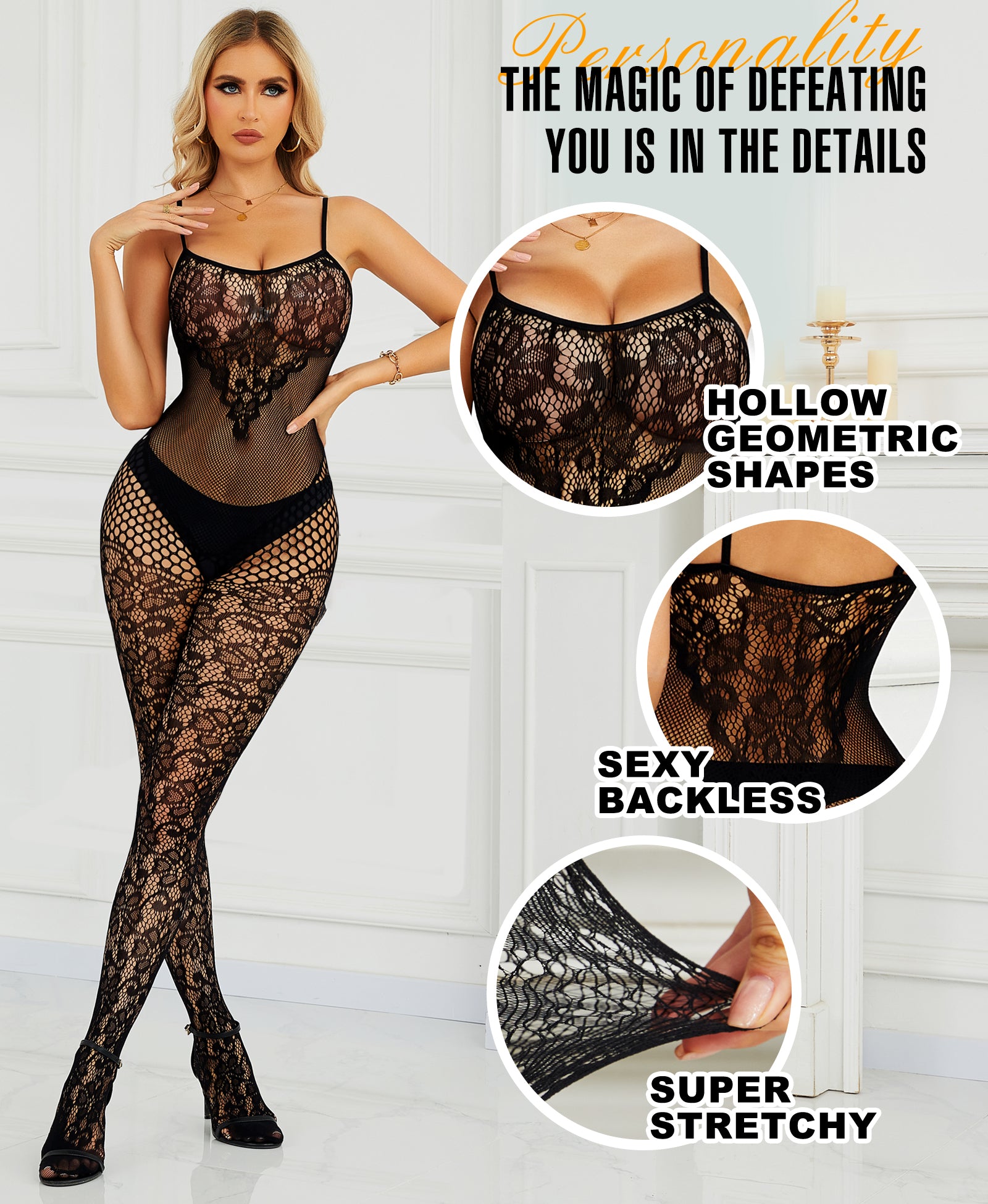 RSLOVE Bodystocking Fishnet Bodysuit Body Stocking lingerie in rete nera