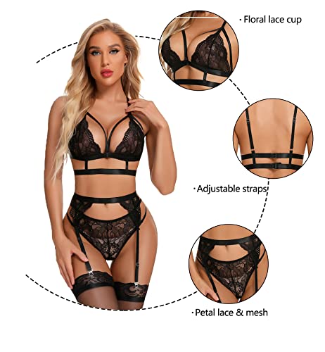 RSLOVE Garter Belt 3 Piece Babydoll pizzo con reggicalze nero