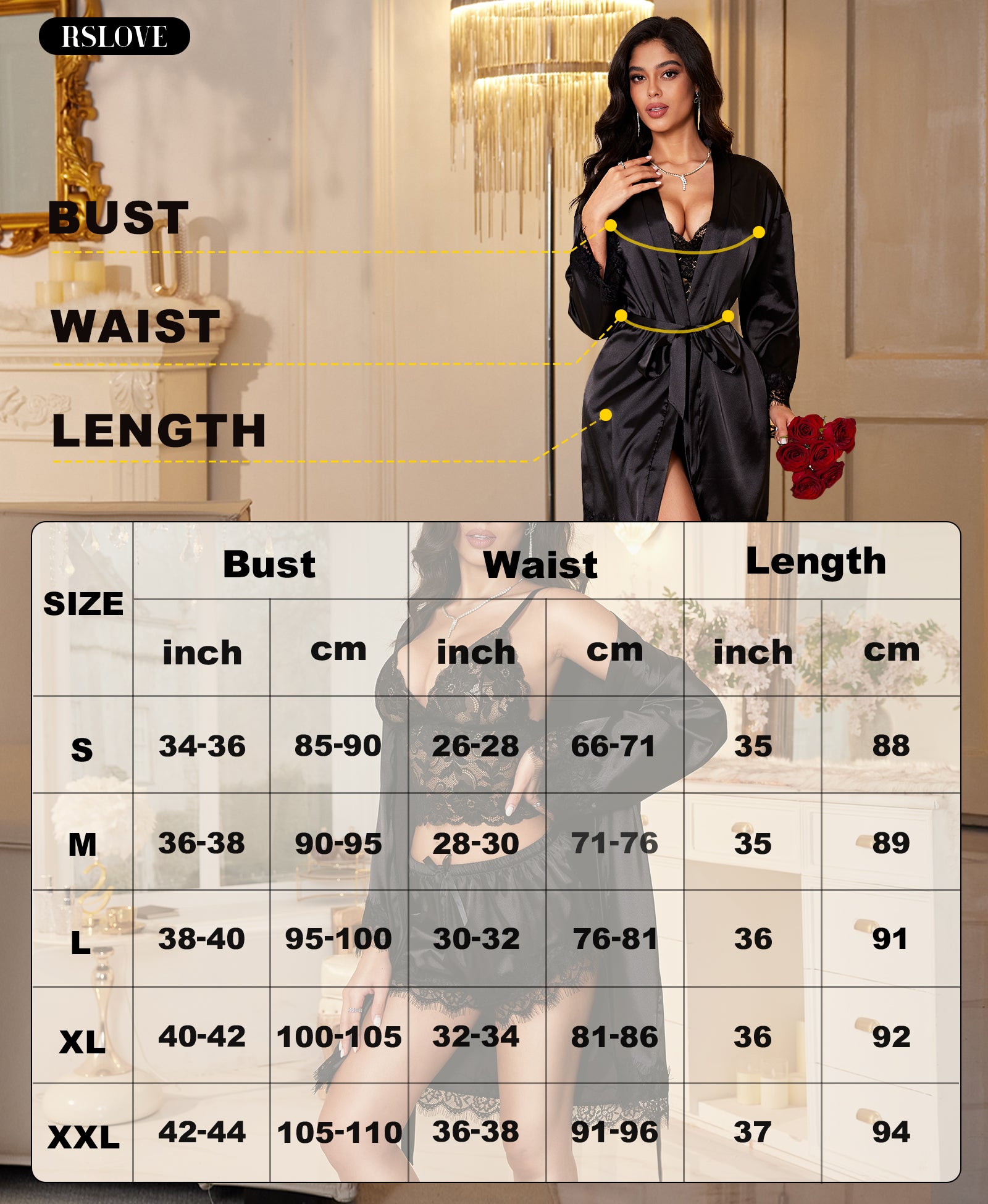 RSLOVE Robe 3 Piece Satin Robe Babydoll Chemise Set completo nero 3 pezzi in raso