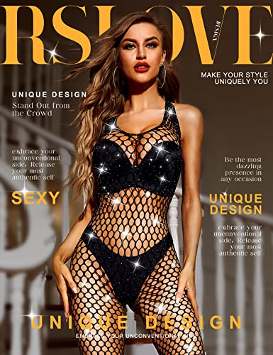 RSLOVE Bodystocking Rhinestone Hollow-Out Fishnet body lingerie Nero taglia unica con strass