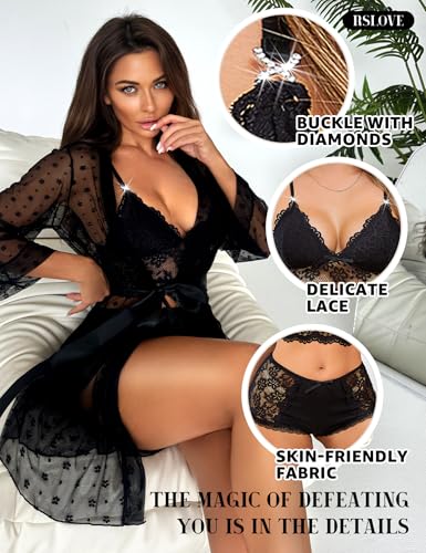 RSLOVE Robe completo lingerie 3 pezzi con kimono in mesh