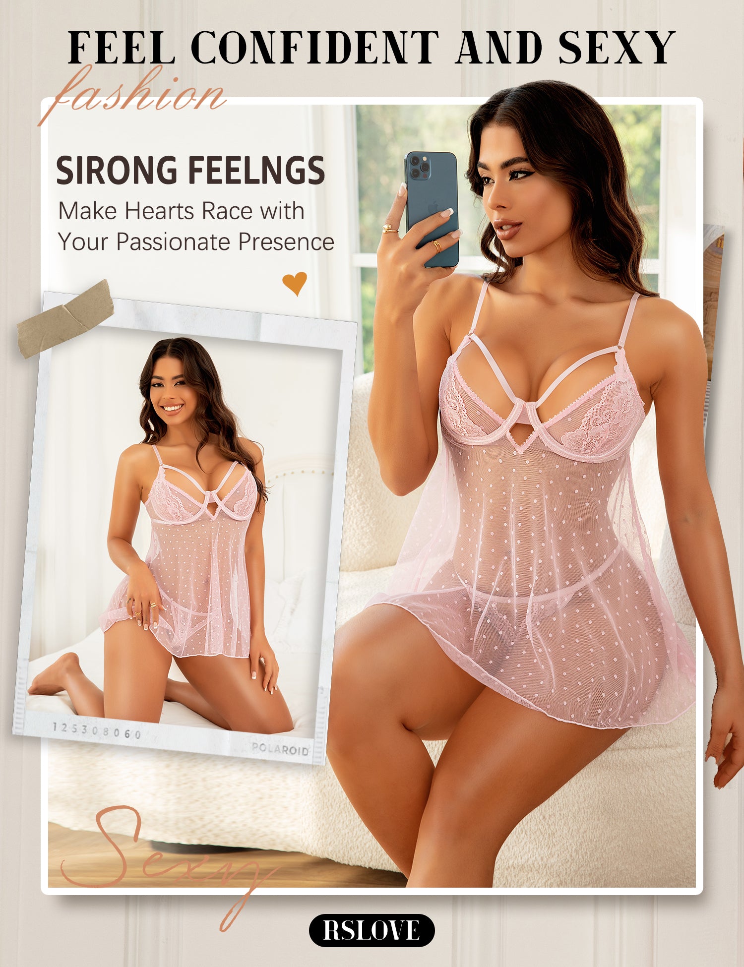 RSLOVE Babydoll Polka Dot Lace & Mesh Babydoll con perizoma