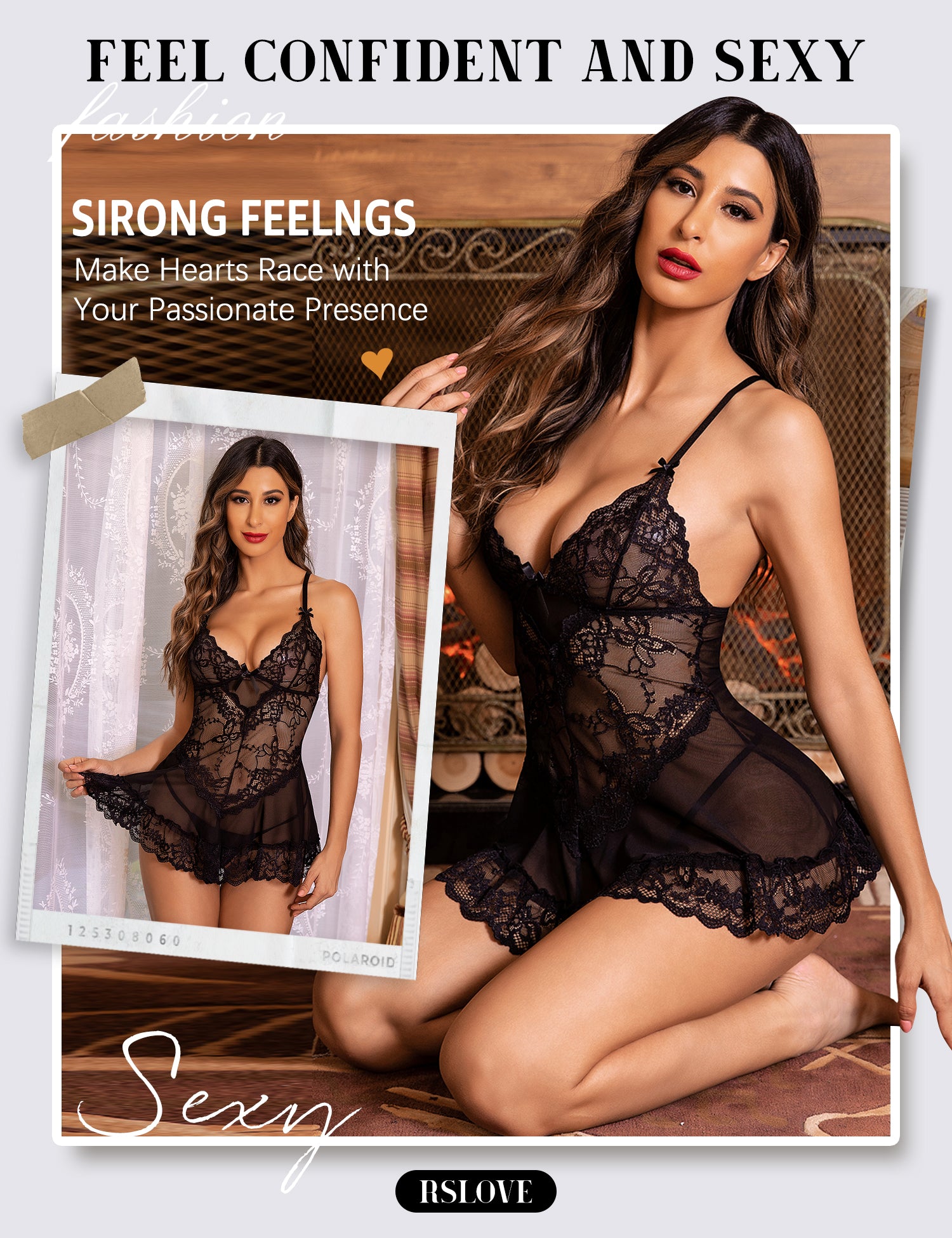 RSLOVE Babydoll Lace Chemise camicia da notte nera in pizzo