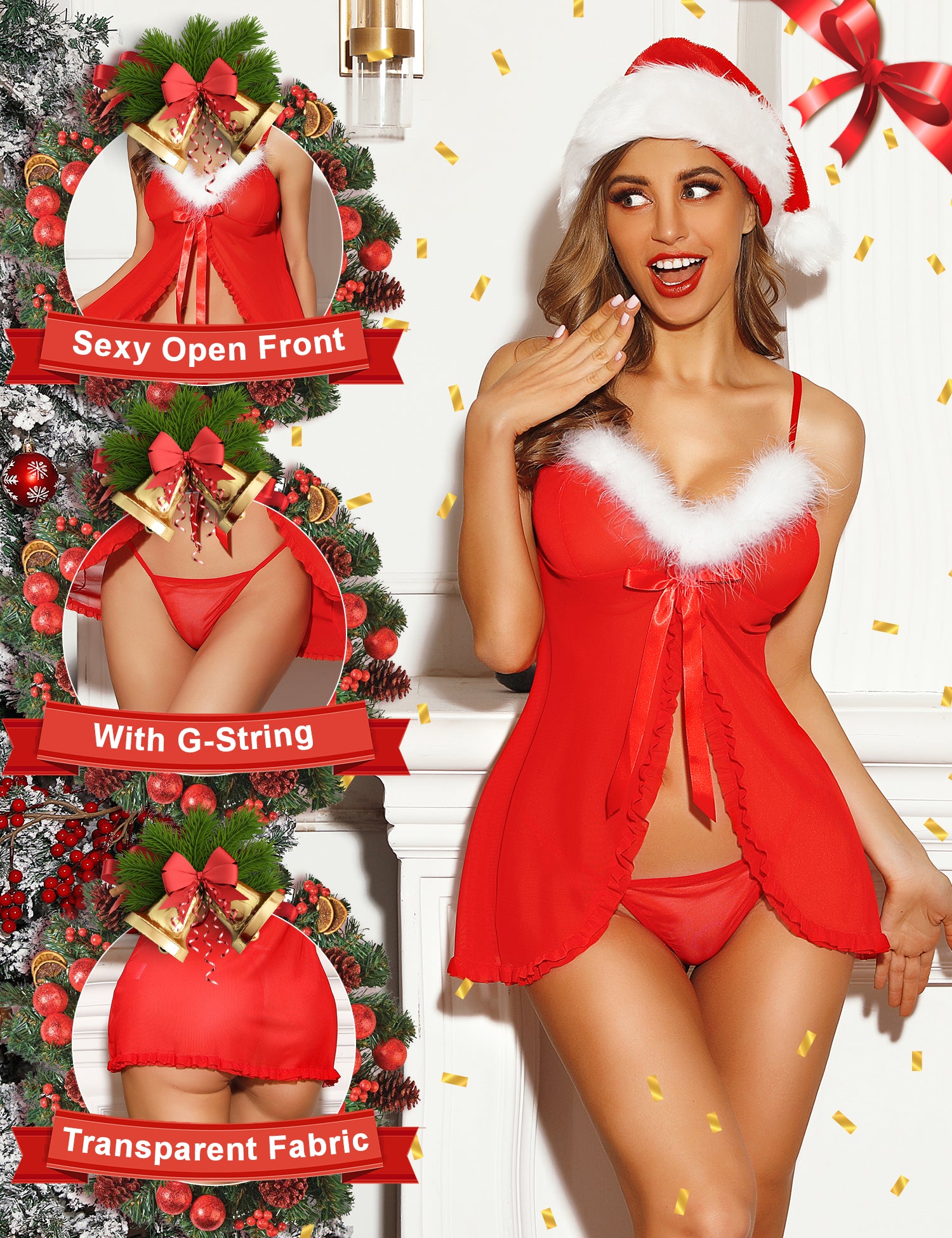 RSLOVE Costumes Santa Christmas Babydoll rosso XXL con perizoma