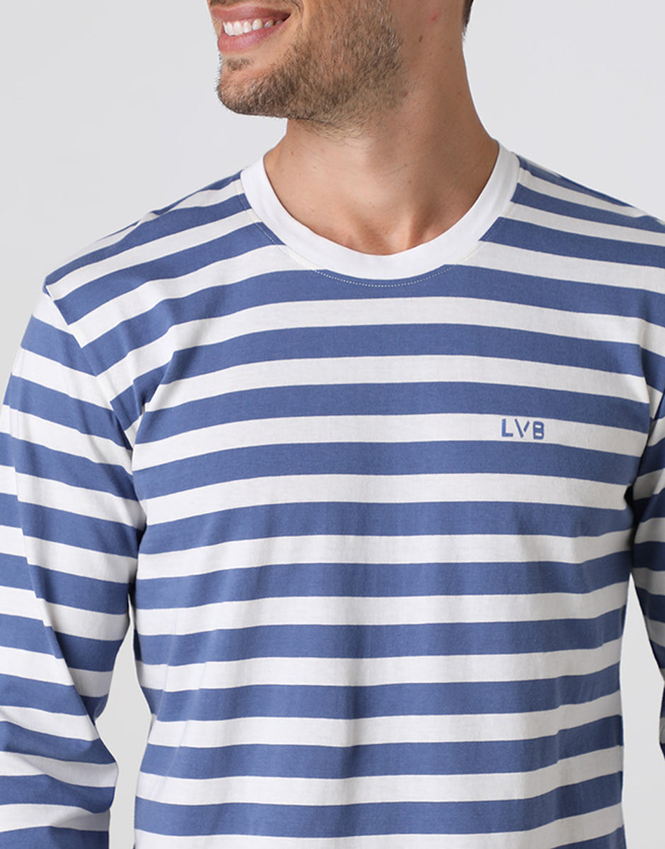Lovable Basic Soul pigiama lungo uomo girocollo righe avorio e blu M in jersey di cotone