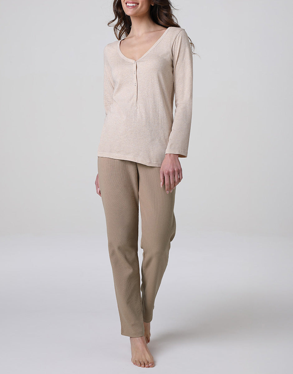 Lovable Basic Soul pigiama lungo serafino cappuccino in cotone jersey e waffle