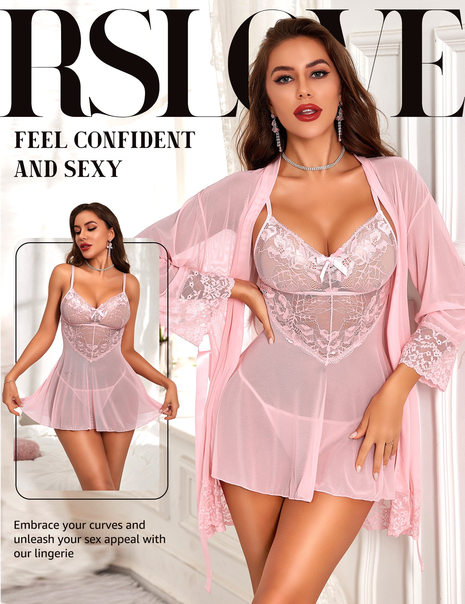 RSLOVE Robe completo lingerie 3 pezzi in mesh e pizzo