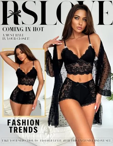 RSLOVE Robe completo lingerie 3 pezzi con kimono in mesh