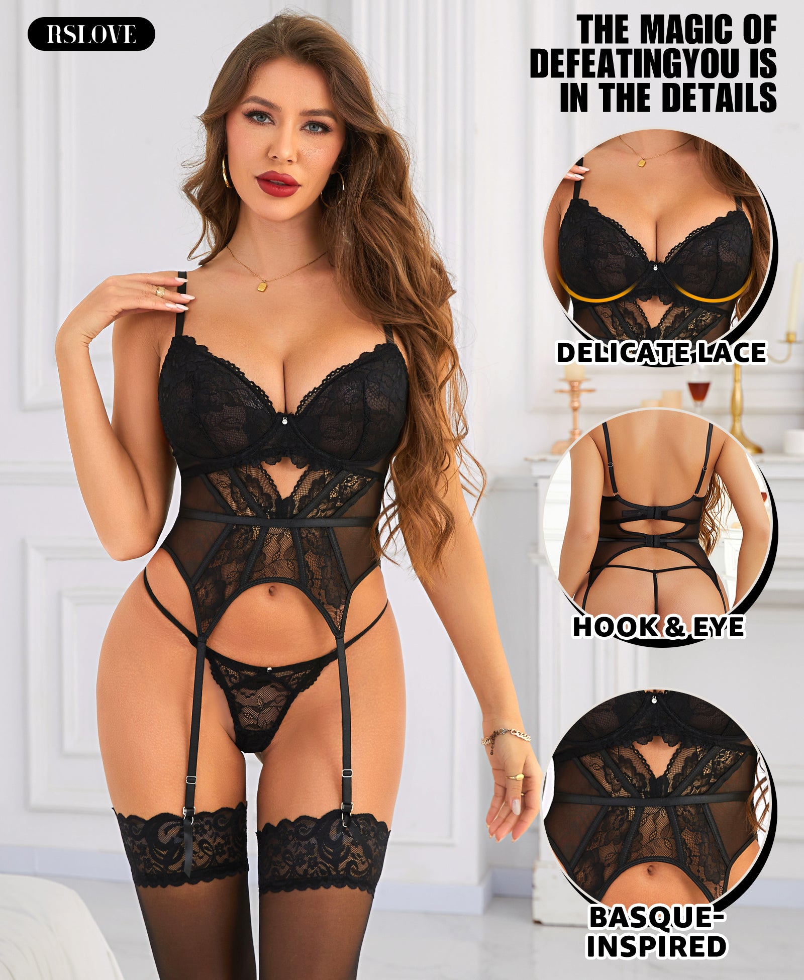 RSLOVE Garter Belt 3 Piece Lace Bodysuit Garter Belt set lingerie nero S–XXL con coppe ferretto