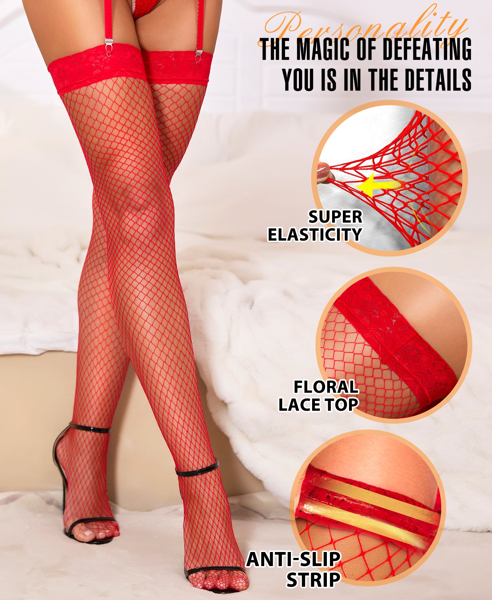 RSLOVE Thigh High Lace Fishnet Silk Thigh High Hold Ups autoreggenti nere a rete