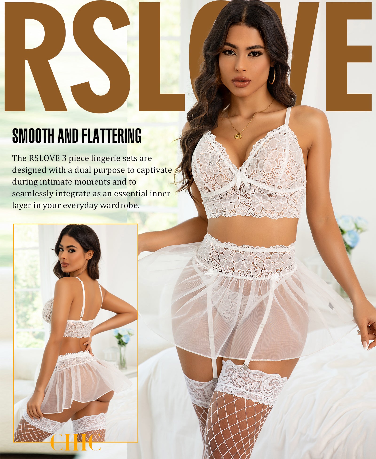 RSLOVE Garter Belt 3 Piece Lace Bra Panty Set lingerie nera 3 pezzi