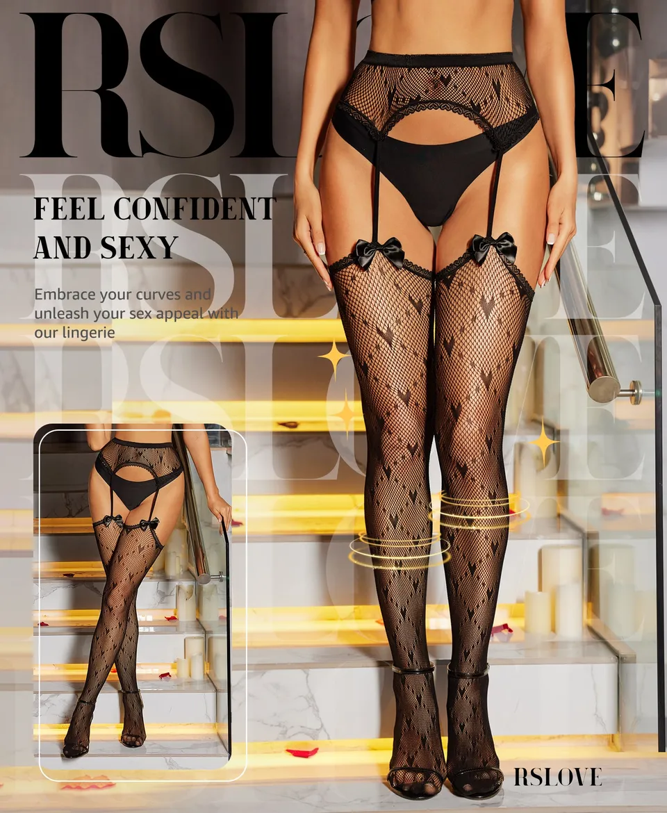 RSLOVE Stocking calze a rete con reggicalze e cuori