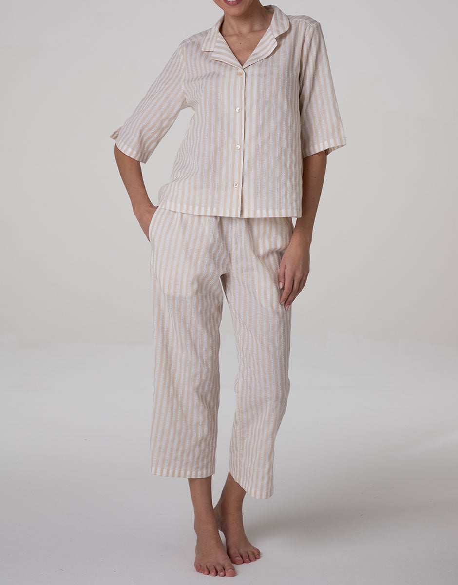 Lovable Basic Soul Pigiama Aperto pigiama righe bianco e crema cotone