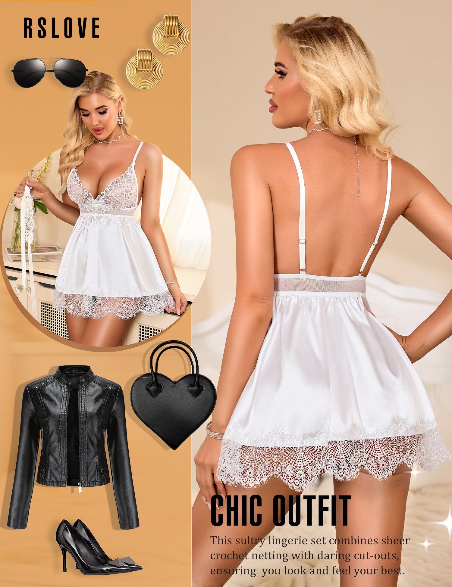 RSLOVE Lingerie Set 3 Piece Satin Lace Babydoll Chemise with Mask babydoll nero 3 pezzi