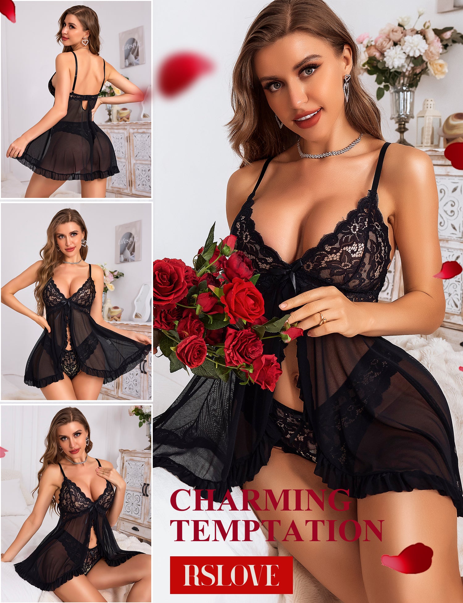 RSLOVE Babydoll Open Front Lace babydoll nero 2 pezzi pizzo