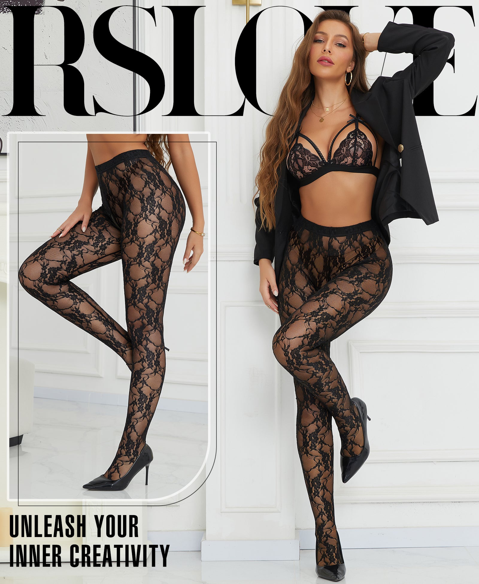RSLOVE Patterned tights Floral Lace collant neri a vita alta