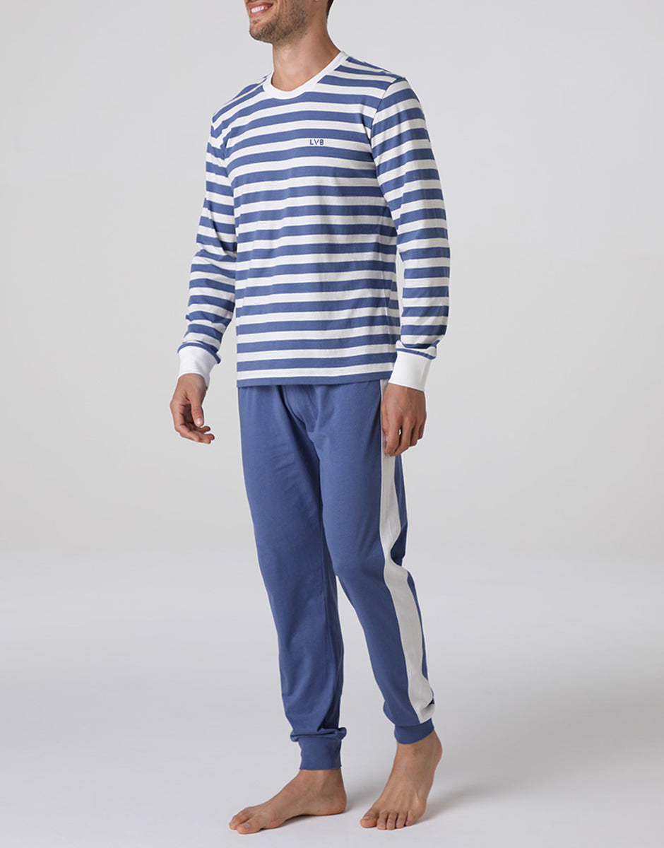 Lovable Basic Soul pigiama lungo uomo girocollo righe avorio e blu M in jersey di cotone