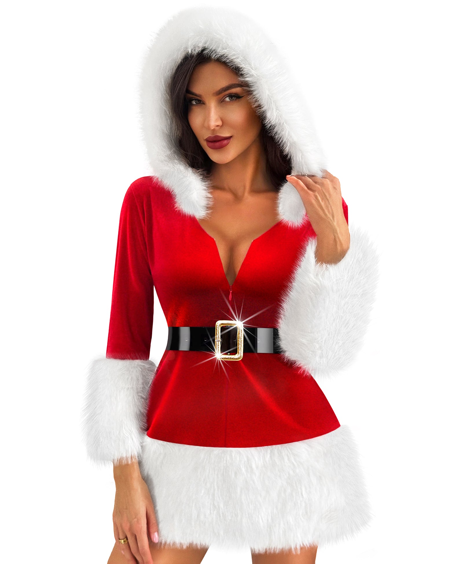 RSLOVE Costumes vestito da Babbo Natale con cappuccio in pelliccia, rosso, taglia L