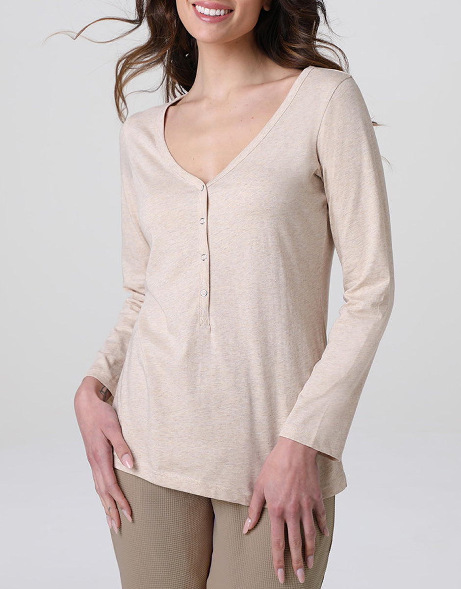 Lovable Basic Soul pigiama lungo serafino cappuccino in cotone jersey e waffle