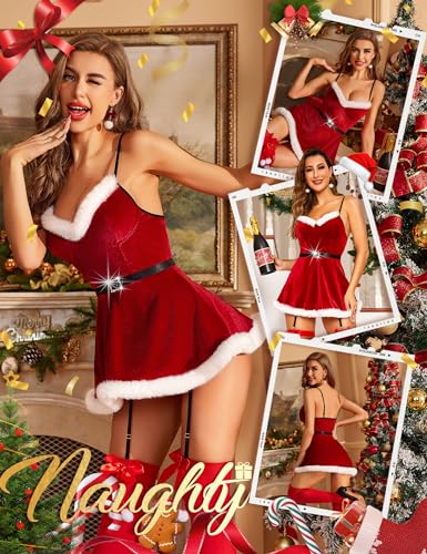 RSLOVE Costumes Velvet Santa Babydoll rosso S-XXL con reggicalze