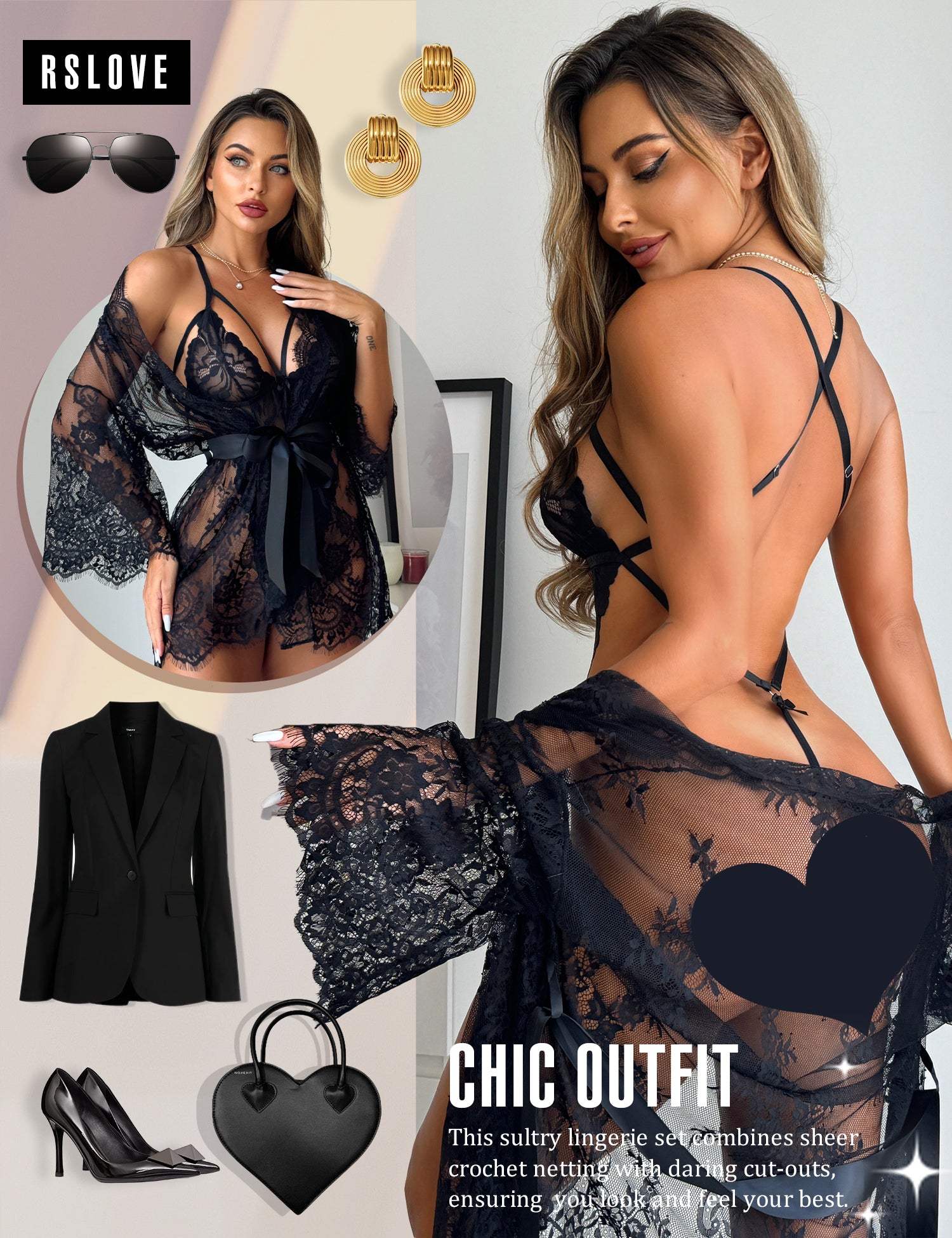 RSLOVE Robe Lace Teddy completo teddy e vestaglia in pizzo nero S-XXL