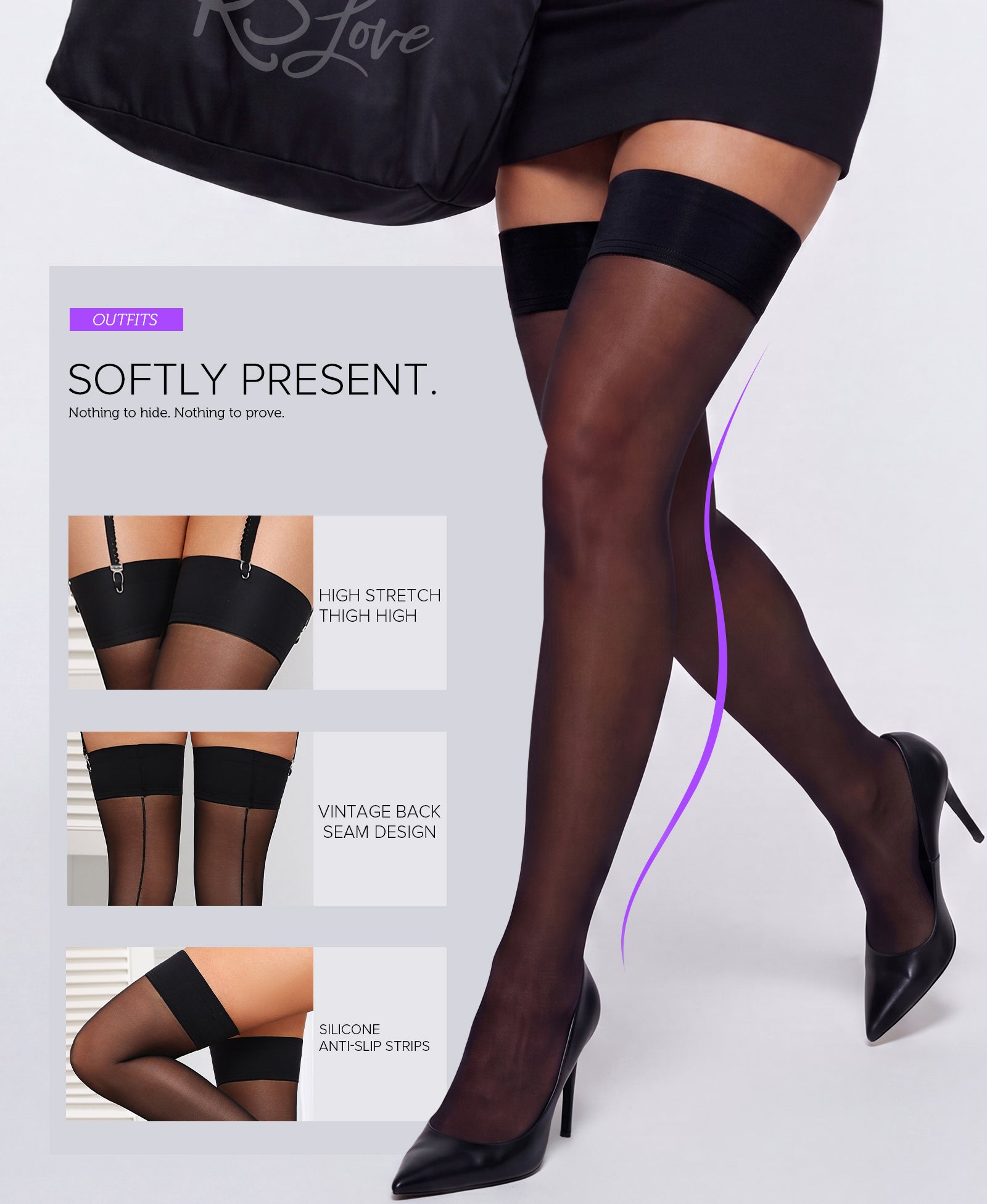 RSLOVE Thigh High calze autoreggenti nere 1 paio con fascia in silicone
