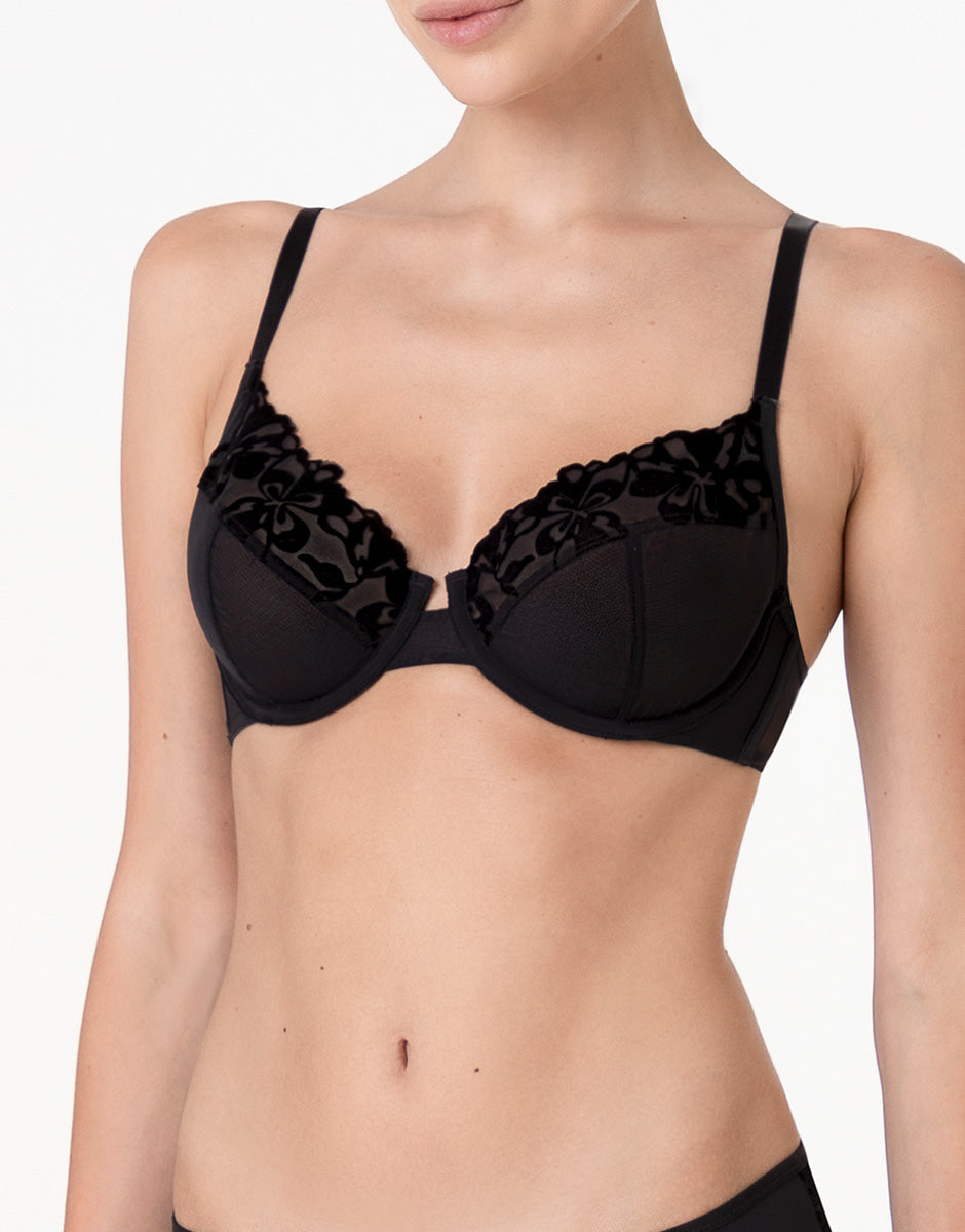 Lovable Garden Flowers Lace Velvet Embroidery reggiseno con ferretto nero in tulle e velluto