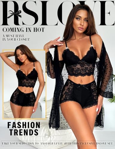 RSLOVE Robe completo lingerie 3 pezzi con kimono in mesh