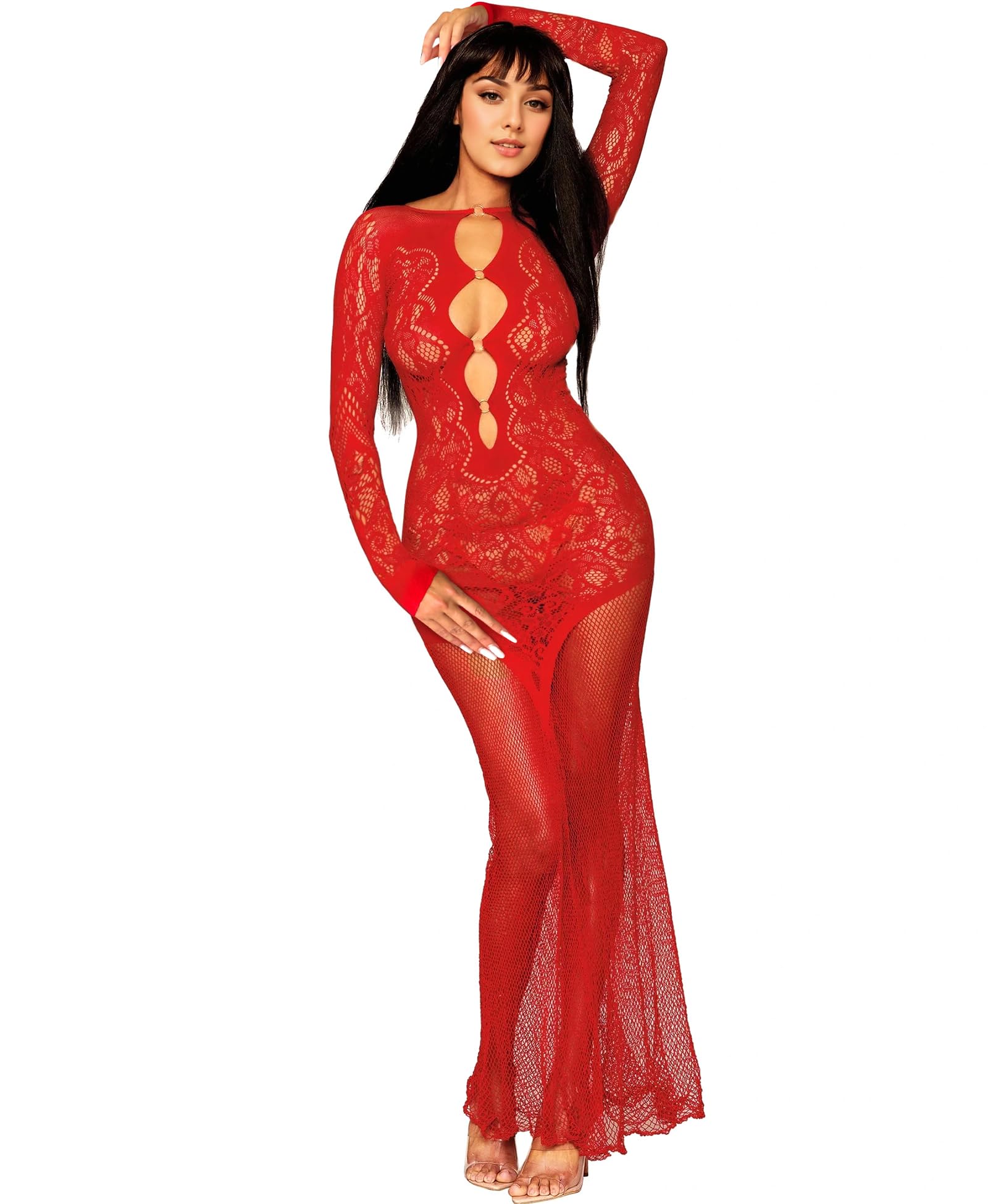 RSLOVE Babydoll vestaglia lunga nero taglia unica in pizzo