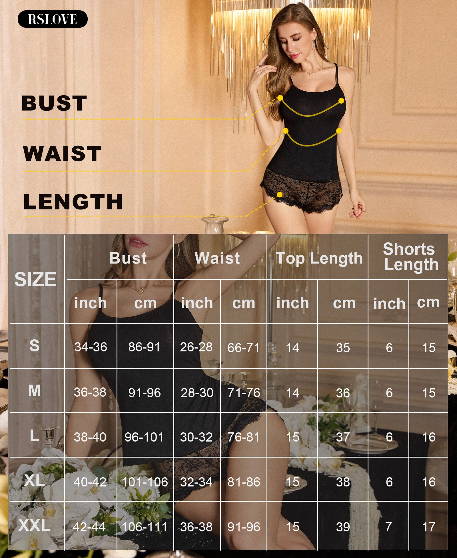 RSLOVE Pajama Set pigiama canotta e shorts nero taglie S-XXL in pizzo