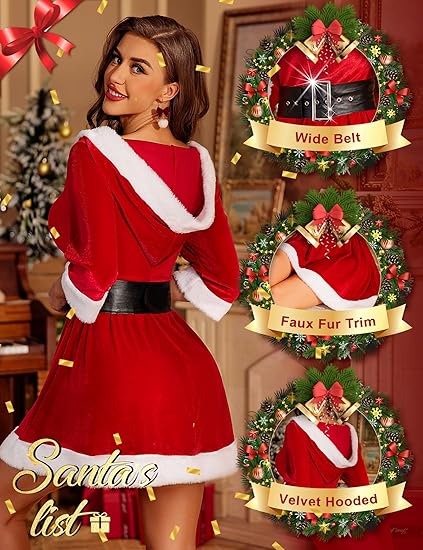 RSLOVE Costumes Berry Red Velvet Mrs Claus Hooded Dress vestito rosso S