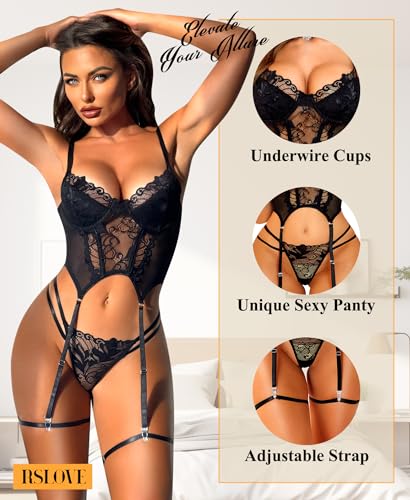 RSLOVE Garter Belt 3 Piece corsetto con perizoma nero